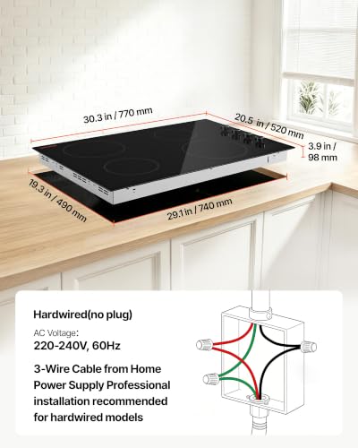 Image of VEVOR Electric Cooktop 30inch 4 Burners Stove Top 6700W 220V No Plug, Ceramic Built-in Radiant Electric Stove, with 11 Power Levels, Timer, Child Lock, Over-Heat Guard, Knob /Touch Control