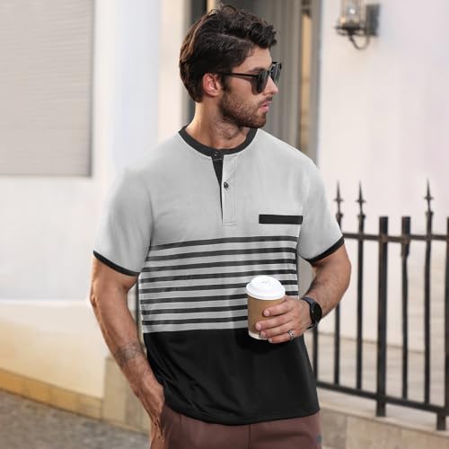 Mens T-Shirts Short Sleeve Button Casual Stylish Basic Tees Work Striped Shirts Henley Summer Lightweight Stretch Top3