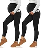 Happy.angel 2 Pack Maternity Fleece Lined Leggings Over The Belly, Womens Black Workout Yoga Pregnancy Pants with Pockets Black X-Large