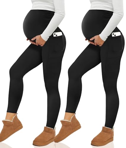 Image of Happy.angel 2 Pack Maternity Fleece Lined Leggings Over The Belly, Womens Black Workout Yoga Pregnancy Pants with Pockets