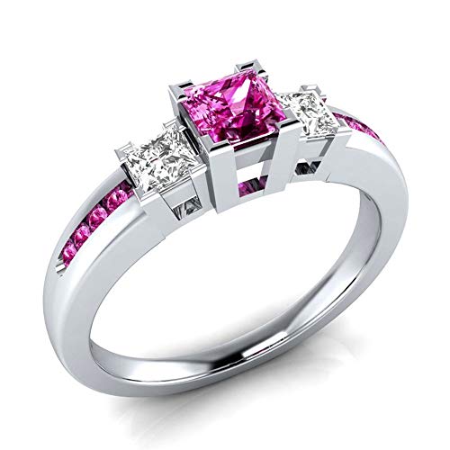 925 Sterling Silver Fashion Natural Ruby Sapphire Ring Square Perfect Cut 3-Stone Rainbow Cubic Zirconia Rings CZ Eternity Engagement Wedding Band Ring for Women (Red, US Code 8)