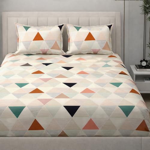 Image of 350 TC Premium Heavy Cotton Feel Elastic Fitted Bedsheet Queen Size with 2 Pillow Covers || Double Bed with All Around Elastic (White Geometric, Fitted - Double72x72)