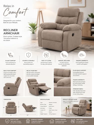 Image of Recliner Armchair for Living Room | Comfortable Upholstered Single Seater Sofa Chair with Ergonomic Backrest, Plush Armrests, Spacious Seat and Solid Wooden Frame