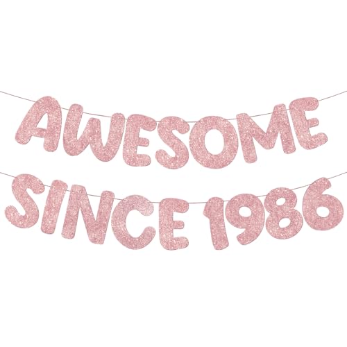 Image of Fulmoon Pre-strung Awesome Since 1986 Banner Glitter Happy 40th Birthday Banner Funny 40th Birthday Decorations 1986 Party Decorations for Men Women Anniversary(Rose Gold)