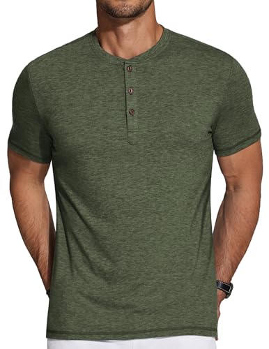 COOFANDY Camisa Henley Camisa Hombre Camiseta Manga Corta con Botones Camiseta Henley Camiseta Casual Verano Camiseta Básica Cuello Henley Verde Militar M
