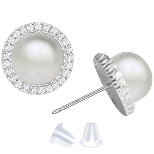 Real Pearl 925 Sterling Silver 9MM Cultured Freshwater Pearl Stud Earrings with Cubic Zirconia for Women, Handpicked Jewelry Gifts for Her
