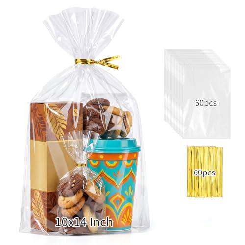Image of woric 60PCS Clear Gift Bags 10 x 14 Inch Cellophane Wrap Bag | Goodie Bags Treat Bags for Cookies Candy Halloween Birthday Party Favors Baby Shower Bakery (with 60 Twist Ties)