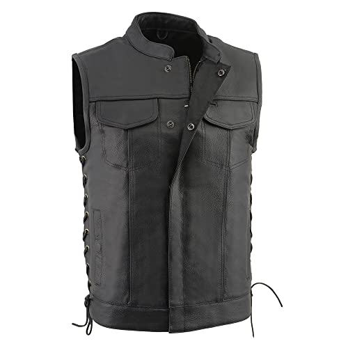 Mens SOA Leather Vest w/Side Lace & Dual Side Conceal Weapon Gun Pockets (Medium)
