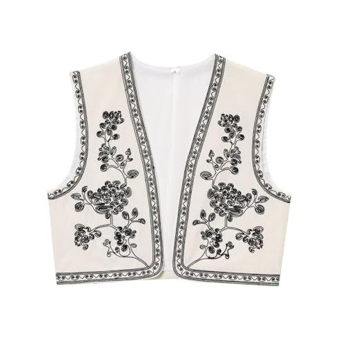 YOSUWOAI Chaleco Boho para Mujer sin Mangas Chaleco Bordado Estilo Etno Retro Clásico Primavera y Otoño Chaleco Verano Casual Outwear Frente Abierto Chaqueta Medieval, O blanco., L