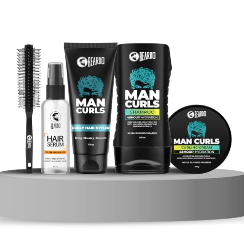 Image of Beardo Man Curls Ultimate 5-Step Grooming Kit for Men: Shampoo (200ml), Curling Cream (100g), Hair Styler (100g), Hair Serum (50ml) & Roller Brush - For Defined, Frizz-Free Curls & Professional Shine (Set of 5)