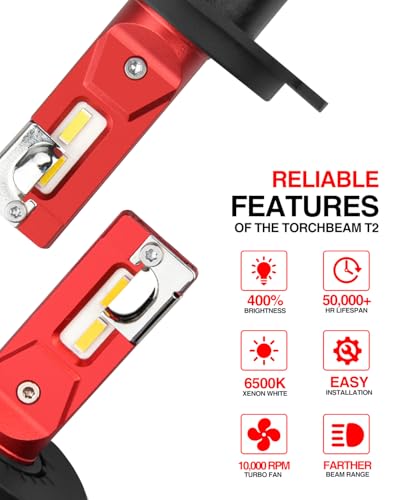 Image of Torchbeam T2 H4 Dual Beam, 65000LM Output Depends On 12 LED Chips, 9003 Bulbs 6500K White and Extra Width, Cooling System Leads To 60000Hrs Lifespan, Quick Installation, 2 Pack