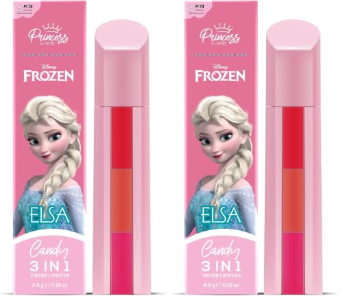 Image of RENEE Disney Frozen Princess By Candy 3-In-1 Tinted Matte Lipstick Elsa For Pre-Teen Girls - 3 Versatile Shades In One Stick With No Parabens - Dermatologically Tested, Peta Certified 4.5G (Pack of 2)