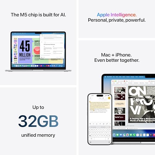 Image of Apple 2026 MacBook Air 13″ Laptop with M5 chip: AI and Apple Intelligence, 34.46 cm (13.6″) Liquid Retina Display, 16GB Unified Memory, 512GB SSD Storage, 12MP Center Stage Camera, Touch ID; Silver