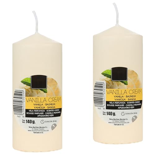 Pack de 2 Velas Aromáticas Cilíndricas Elegantes 140g, 25h Duración - Velón Taco de Cera, Decorativas y Relajantes 110x47 mm (Vainilla Cream)