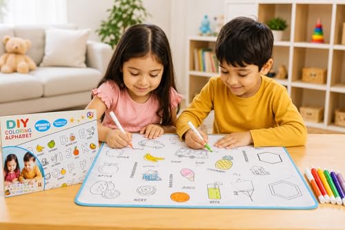 Image of KV Toys Washable Coloring Mat for Kids with Reusable DIY Alphabet Drawing Sheet, Color Sketch Pens, Educational Learning Activity Toy for Boys & Girls Age 3+ Years, Travel-Friendly Creative Play Set