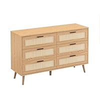 Panana Chic Rattan Chest of Drawers, 3/6/8 Drawers Dresser with Hand Made Rattan Decorated Drawers Storage Chest with Wood Legs for Bedroom, Hallway, Living Room (Oak, 6 Drawers)