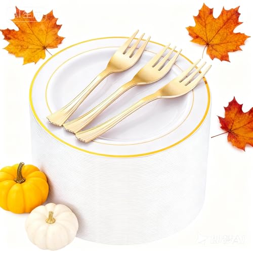 WELLIFE 120 PCS Plastic Dessert Plates and 120 PCS Forks, 6.3 inch Disposable Salad Plate, Premium White Appetizer Plates with Gold Rims Perfect for Parties, Weddings WELLIFE 120 PCS Plastic Dessert Plates and 120 PCS Forks, 6.3 inch Disposable Salad Plate, Premium White Appetizer Plates with Gold Rims Perfect for Parties, Weddings