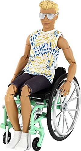 Ken Fashionista Doll #167 with Wheelchair & Ramp Wearing Tie-Dye Shirt, Black Shorts, White Sneakers & Sunglasses, Toy for Kids 3 to 8 Years Old - GWX93