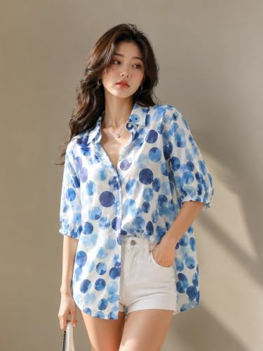 Image of Women's Printed Casual Shirt | Loose Fit Button Down Collared Shirt | Soft & Lightweight Everyday Wear Top