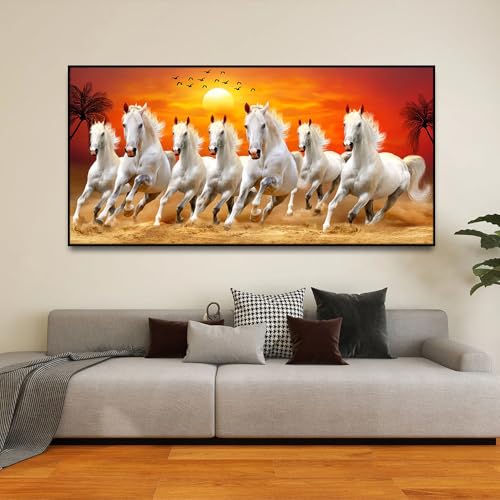 Image of Wall Melody Seven Horses Running at Sunrise Premium Canvas Wall Painting Floating Frame Wall Paintings for Home and Office Decor Size : 24x48 Inches