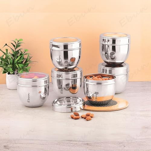 Image of Ebun Stainless Steel See Through Containers for Kitchen | Conical Shape Small Stainless Steel Dabba Set for Kitchen | Steel Container with Lid | 300 Ml Capacity | Pack of 6