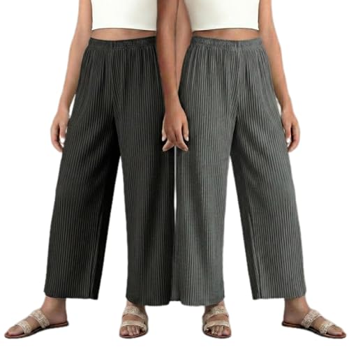 Image of Set of Combo Trouser and Pants for Girls and Women's Relaxed Fit Stretchable Regular Fit Palazzos Lightweight Elastic Waistband Bottoms for Daliy Office & Casual Wear
