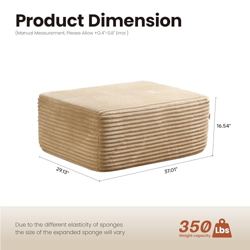Image of ovios 37 inch Plush Corduroy Ottoman, Upholstered Cloud Ottoman for Boneless Couch in a Box, Modular Sectional Couches for Living Room Bedroom, Compressed Memory Foam, No Assembly Require, Beige
