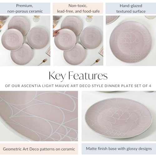 Image of Nestasia Ceramic Set of 4 Dinner Plates (10 Inch Each) - Microwave & Dishwasher Safe Full Plates with Geometric Pattern - Perfect for Home, Kitchen, Dining & Gifting (Mauve Matte Finish)