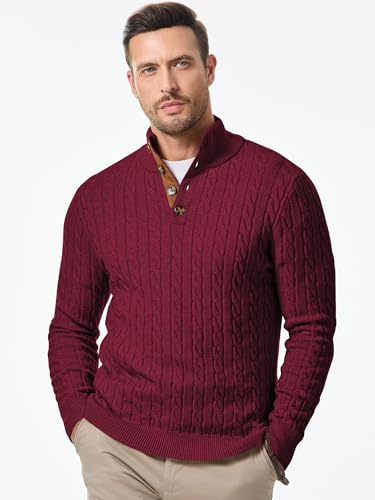 Image of JMIERR Men's Cable Knit Pullover Sweater Casual Long Sleeve Stand Collar Button Knitted Sweaters