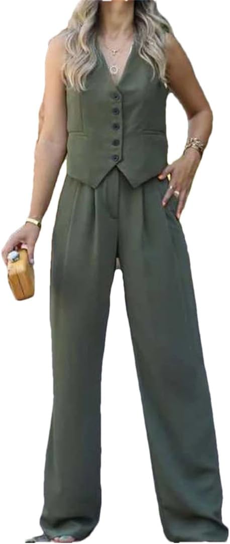 Wjnvfioo Lady Commute - Conjunto de chaleco de dos piezas de verano con cuello en V y botones, pantalones de pierna ancha, traje de verano sin mangas