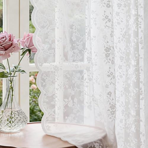 Anmao Vintage Lace Sheer Curtains 84 Inches Long - Romantic Floral Semi-Sheer Voile Panels for Living Room & Bedroom Rod Pocket Light Filtering Drapes Set of 2 Panels (55 W x 84 L) White