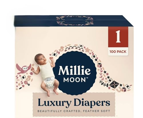 Millie Moon Luxury Disposable Baby Diapers Size 1 I 100 Count I Ultra Soft Comfort Absorbent Core for Day & Night Use Wetness Indicator Gentle Materials Secure Fit