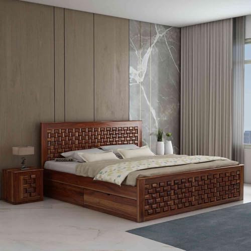 Image of WOODLAB Furniture Sheesham Wood King Size Bed with 4 Drawers Storage for Bedroom Home Wooden Double Beds Furniture for Living Room Hotels - Honey Finish