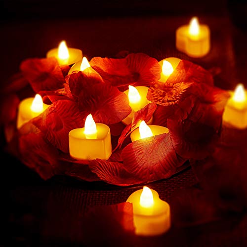 Image of Honoson 1000 Pieces Artificial Yellow Rose Petals with 24 Pcs Flameless Heart Shaped LED Tealights Candles Special Romantic Night Decorations for Proposal Wedding Anniversary Table Decor