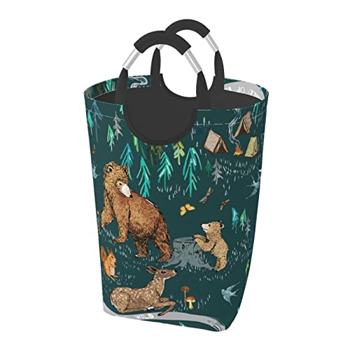 クマ シカ 柄 ランドリーバスケット 洗濯ボックス 収納袋 大容量 折りたたみ 持ち運び可能 撥水 取っ手付き 適した ホテル ユーティリティルーム トイレ キッチン(50l 32*28*57.5cm)