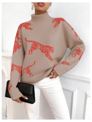 Image of WDIRARA Women's Leopard Tiger Print Sweater High Neck Long Sleeve Fuzzy Knitted Pullover Top