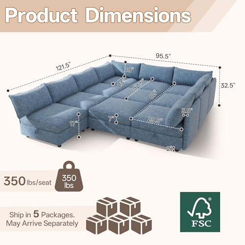 Image of Oversized Chenille Modular Sectional Sofa Bed Hidden Storage, Convertible L U Shaped Sleeper Couch, 10 Seat Modern Modular Sectional Sofa with Removable Covers & Ottoman Chaise, for Living Room, Blue