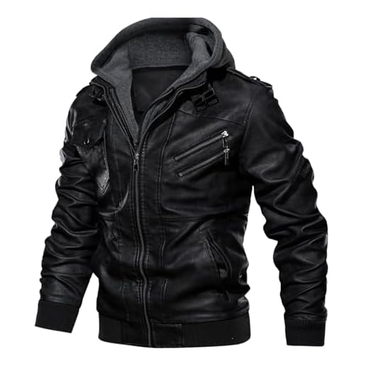 Uusollecy Veste en Cuir Homme Blouson Cuir Homme Hiver David Outwear Cuir Synthétique avec Capuche Amovible,Noir,XL