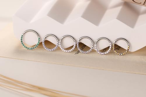 Septum Clicker Ring Daith Earrings Surgical Steel Silver Septum Nose Ring Hoop 16G Hinged Segment Seamless Clicker Ring Tragus Jewelry Cartilage Conch Helix Rook Lobe Hoop Earrings 10mm Green CZ by PEAKLINK - Used condition - Image 7