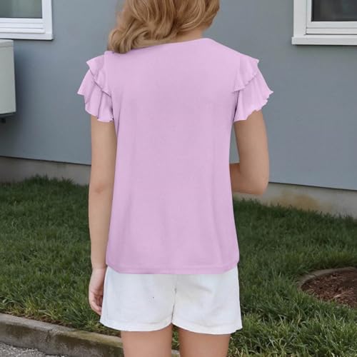 Girls Ruffle Sleeve Top Short Sleeve T Shirts Plain Kids Summer Tshirt Pleated Crewneck Loose Soft Tee Aesthetic2