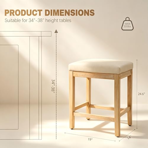 Image of RNKSFX Counter Height Bar Stools Set of 3 for Kitchen Counter Farmhouse Modern Backless Barstools with Faux Leather Upholstered Seat and Solid Wood Legs 24 inch Bar Chairs, Khaki + Wood Color