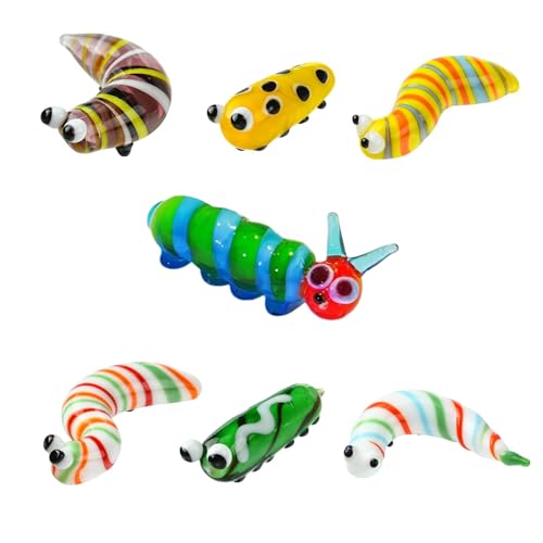 Yeskyltd Handgeblasen Glas Raupen Figuren Dekor, 7 Stück Handgefertigte Mini niedlichen Wurm Baby Heimdekoration, Tischregal Dekoration