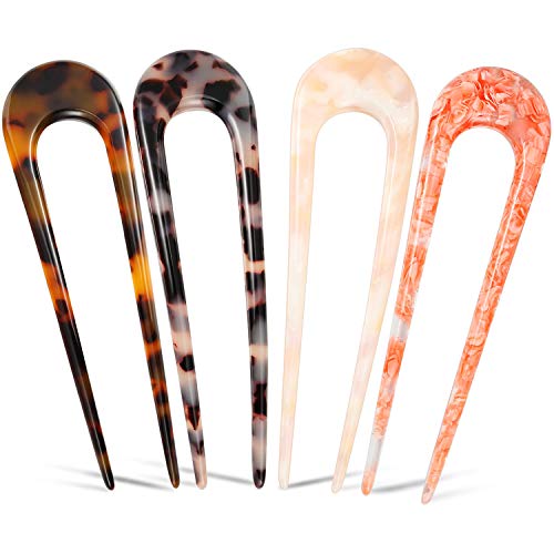 4 Pieces U Shaped Hair Pin Stick French Style U Shape Hair Clips Tortoise Shell U Sticks Pins For Women Girls Hairstyle Accessories (Red, Pink Khaki, Tortoiseshell, White Tortoiseshell) #TOP10