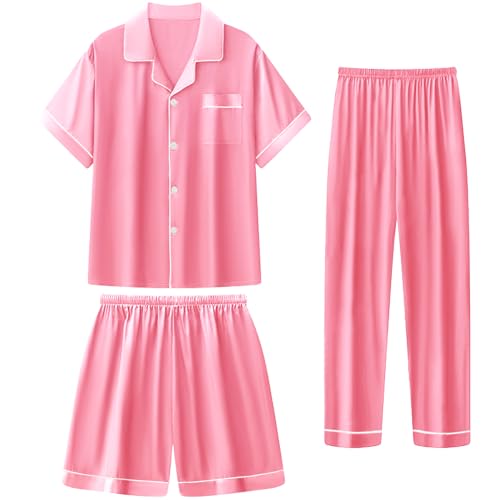 Girls Silk Pajamas Set,Girl Satin Pajamas 3 Piece Button-up Nightwear Loungewear，Girls PJS Clothes for 4T-15Years