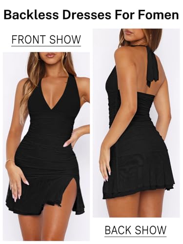 Women Sexy Halter Deep V Neck Ruched Bodycon Dress Summer Side Slit Mesh Hem Cocktail Club Party Short Mini Dresses2