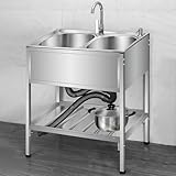 WYRNOBRX Lavello Cucina Commerciale in Acciaio Inossidabile Indipendente Lavabi 2 Vasche con Rubinetto Scarico Lavabo Lavelli per Interni Ed Esterni Lavandini 29,53 Pollici,Silver/b,L75*H75*W40