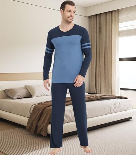 Image of NACHILA Mens Pajamas Set Viscose Made from Bamboo V Neck Top Sleep Pants | Elastic Waist with Drawstring,Soft ,Tagless Comfort,Moisture Wicking,All season Loungewear Set, Jogger Sweatpant,Match set
