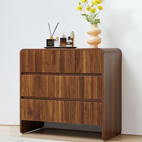 BERRYMERRY Flute 3 Drawer Dresser,31.5' Wide Dresser Nightstand for Bedroom,Mid Century Modern Wood...