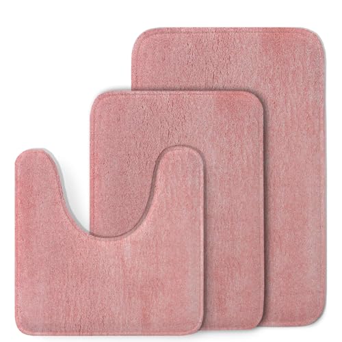 Image of XenluxeMicrofiber Bath Rug Set - Ultra Soft Plush Bathroom Mats, Non-Slip Absorbent Bath Mat + U-Shaped Contour Toilet Rug, Machine Washable, Modern Bathroom Decor - (Pink, Standard)