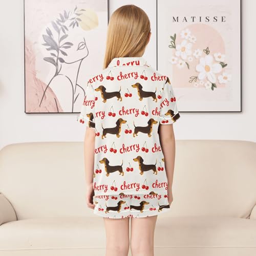 Dachshund Cherry Pattern Summer Satin Pajama Set, Cute Button-Down Sleepwear Pj Set for Sleep Wears4